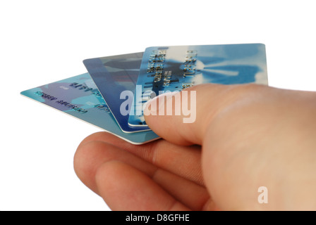 Carte di credito in una mano dell'uomo Foto Stock