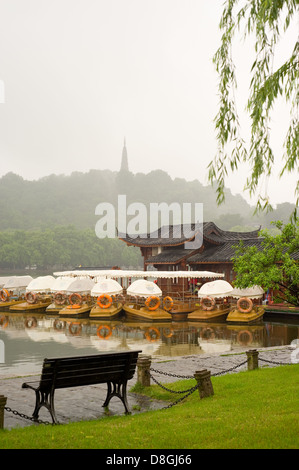 Una vista verso la Pagoda Baochu dal Baidi Causeway sulla Hangzhou West Lake. Foto Stock