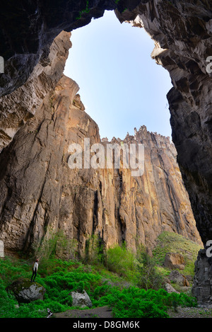 Escursionista fissando lo sguardo fino alla vista in un profondo sidecanyon di Idaho Jarbidge River Canyon. Foto Stock