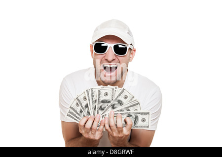 Uomo con dollar moneta in mani Foto Stock