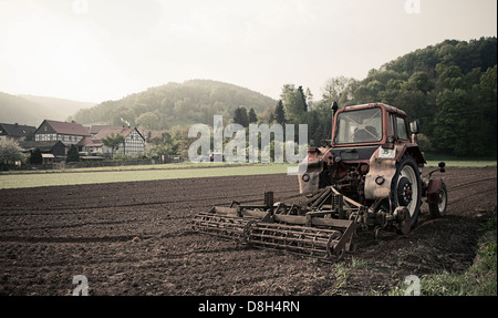 Il trattore lavora nei campi Foto Stock