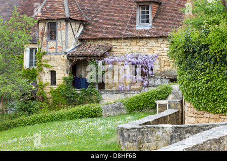 Il Glicine cresce su pietra arenaria affascinante cottage con il tetto di tegole a Sarlat, Dordogne regione della Francia Foto Stock