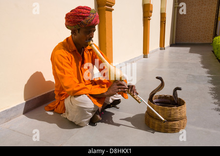 India Rajasthan, Jaipur, ritratto di un serpente incantatore Foto Stock