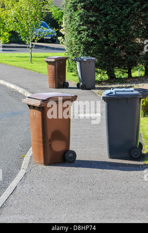 Nero e Marrone di riciclaggio scomparti wheelie sparsi su un sentiero pedonale Foto Stock