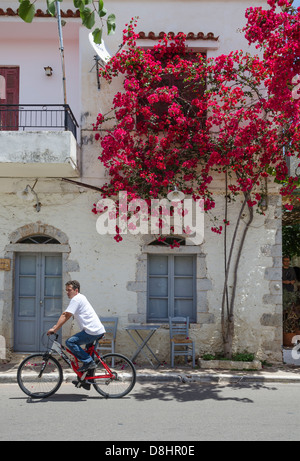 Vecchia casa con bougainvillea sulla strada principale del villaggio Kardamyli nelle mani esterna, Messinia, Peloponneso, Grecia. Foto Stock