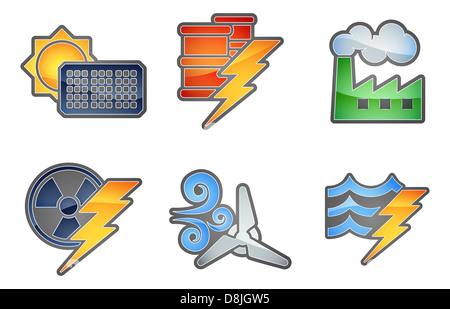 Un set di icone a colori con relative alla potenza e la generazione di energia. Solare, combustibili fossili e nucleari, eolica, idroelettrica o acqua e olio Foto Stock