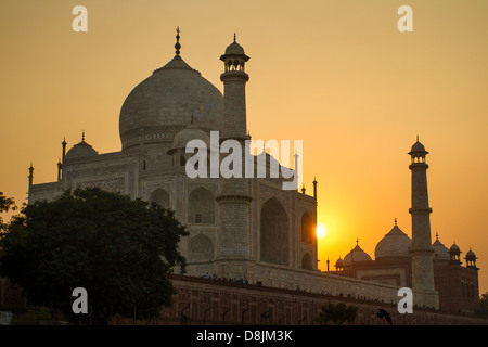 Taj Mahal vista al tramonto dalle rive del fiume Yamuna Foto Stock