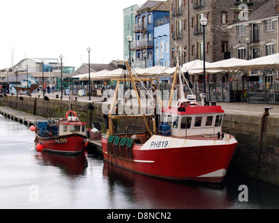 Pescherecci da traino pesca ormeggiate lungo la banchina, Quay Road, Plymouth, Devon, Regno Unito 2013 Foto Stock