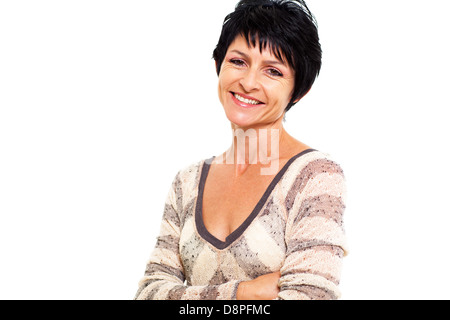 Allegra donna di mezza età ritratto isolato su bianco Foto Stock