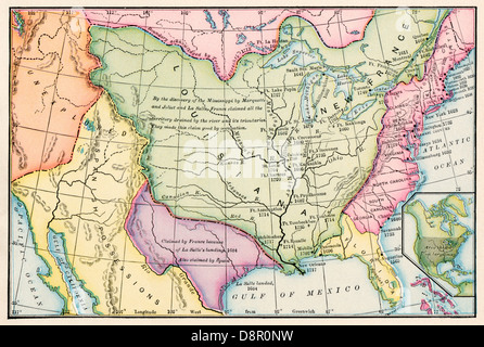 Rivendicazioni europei in Nord America nel 1733, quando l'ultima colonia inglese , la Georgia, fu fondata. Litografia a colori Foto Stock