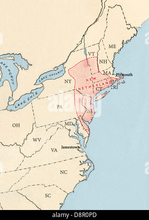 Territorio coloniale rivendicato dagli olandesi nel 1665 rappresentata sovrapposta sul presente degli stati degli Stati Uniti. Creata digitalmente illustrazione Foto Stock