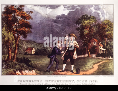 Franklin's esperimento, giugno 1752, Benjamin Franklin dimostrando l'identità del fulmine e elettricità, litografia, Currier Foto Stock