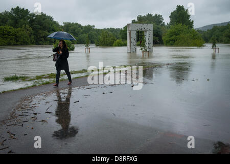 Devin, Slovacchia. Il 3 giugno 2013. Livello di acqua alta sul fiume Morava con il regime comunista vittime monumento su Giugno 3, 2013 in Devin Credito: Lubos Paukeje/Alamy Live News Foto Stock