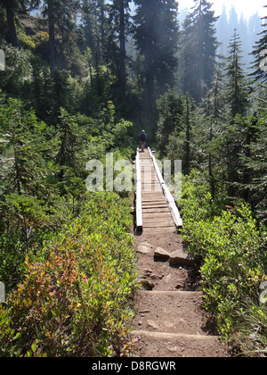 Escursionista attraversamento area paludosa sul lungomare vicino al lago di neve, Snoqualmie Pass, Washington Foto Stock