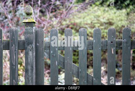 Si tratta di una foto di un cancello di legno fatto di pannelli che è intorno a un giardino, parco di Campo. Si tratta di un vecchio e guardare svanite. Foto Stock