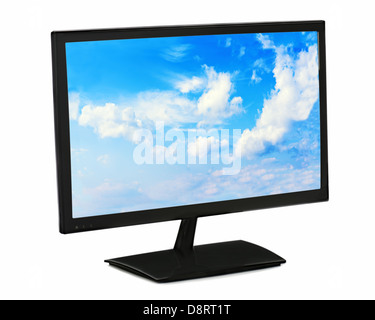 Nero monitor lcd con cielo blu isolato su sfondo bianco. Primo piano. Foto Stock