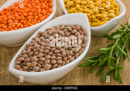 Diversi tipi di lenticchie in ciotole Foto Stock