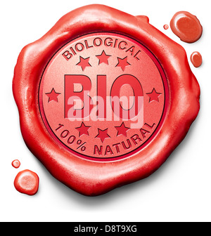 100% biologici prodotti naturali ed eco bio produzione fresca e cibo sano etichetta rossa icona timbro Foto Stock