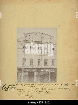 Questa fotografia in bianco e nero del 1883 cattura George Street, Sydney, mostrando l'atmosfera vivace della strada durante la fine del XIX secolo. L'immagine riflette la vita quotidiana, l'architettura e la gente di Sydney in epoca vittoriana. Foto Stock