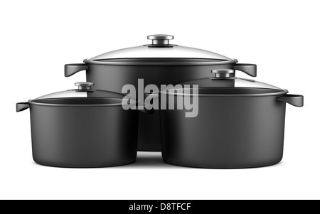 Nero tre pentole isolato su bianco Foto Stock