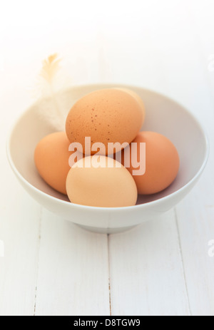 Fresca di cui organico gamma libera le uova in una terrina. Foto Stock