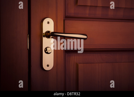 La parte della porta di legno con maniglia in metallo Foto Stock