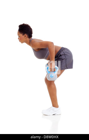 African American donna che lavorano fuori con bollitore campana, isolati su sfondo bianco Foto Stock