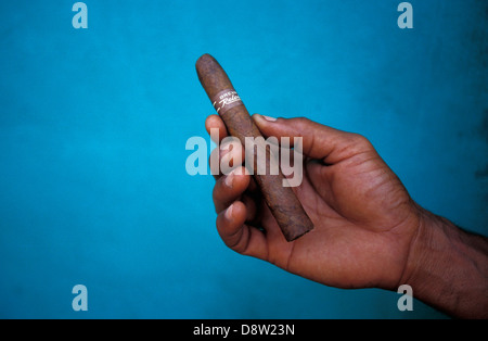 Una mano d'uomo in possesso di un sigaro spento contro una parete blu, Havana, Cuba Foto Stock