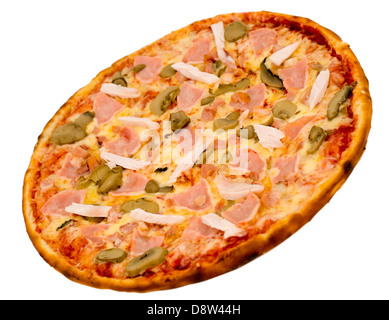 Pizza con pancetta, pollo e funghi Foto Stock