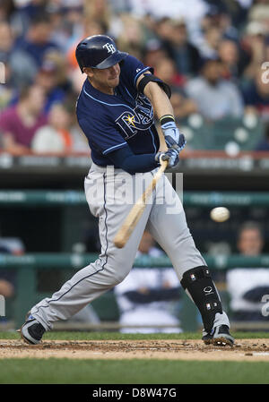 Detroit, Michigan, Stati Uniti d'America. Il 4 giugno 2013. Tampa Bay Rays terzo baseman Evan Longoria (3) durante la MLB azione di gioco tra il Tampa Bay Rays e Detroit Tigers al Comerica Park di Detroit, Michigan. Le tigri hanno sconfitto i raggi 10-1. Credito: Cal Sport Media/Alamy Live News Foto Stock