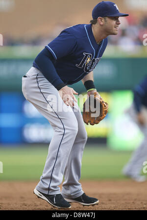 Detroit, Michigan, Stati Uniti d'America. Il 4 giugno 2013. Tampa Bay Rays terzo baseman Evan Longoria (3) durante la MLB azione di gioco tra il Tampa Bay Rays e Detroit Tigers al Comerica Park di Detroit, Michigan. Le tigri hanno sconfitto i raggi 10-1. Credito: Cal Sport Media/Alamy Live News Foto Stock