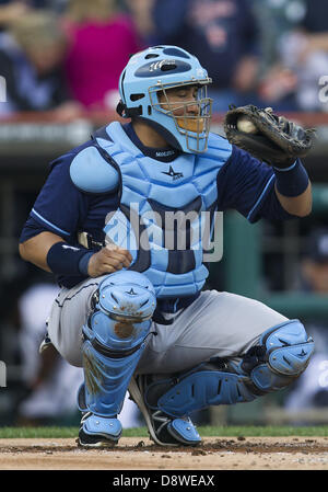 Detroit, Michigan, Stati Uniti d'America. Il 4 giugno 2013. Tampa Bay Rays catcher Jose Molina (28) durante la MLB azione di gioco tra il Tampa Bay Rays e Detroit Tigers al Comerica Park di Detroit, Michigan. Le tigri hanno sconfitto i raggi 10-1. Credito: Cal Sport Media/Alamy Live News Foto Stock