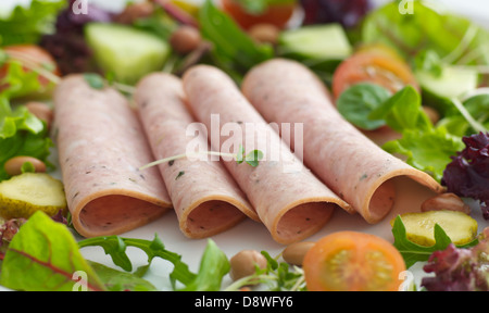 Prosciutto di foglie di insalata di fagioli Pomodori Cetrioli cress dadi Foto Stock