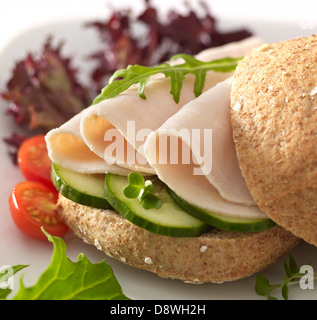 Rotolo di carne insalata di prosciutto di tacchino Pomodori Cetrioli semi di crescione Foto Stock