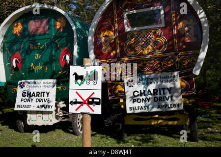 Roulotte Romany Travellers; vintage Gypsy Wagon Vardo, Bow top tessuto coperto vivente; furgone e caravan; Charity Pony Drive, Northern Ireland Children's Hospice Bow top Trailer homes. Alloggio a Kirkby Stephen, Regno Unito. Giugno, 2013. Accampamenti non autorizzati e segnali di restrizione al parcheggio per i membri della comunità itinerante durante il tragitto verso la fiera ippica Appleby di Cumbria. La Fiera è un raduno annuale di zingari e viaggiatori che si svolge la prima settimana di giugno, e ha avuto luogo dal regno di Giacomo II, che ha concesso una carta reale nel 1685 permettendo una fiera del cavallo 'vicino a. Foto Stock