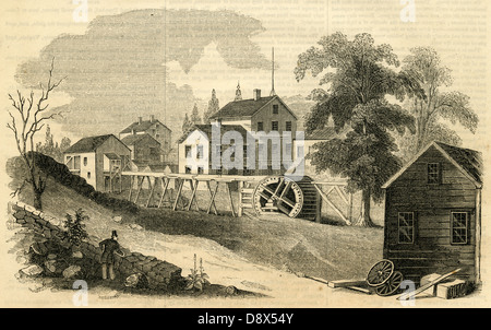 Incisione del 1854, sito del rivoluzionario Fonderia di ferro a Salisbury, Connecticut. Foto Stock