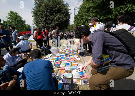 Istanbul, Turchia. 5 Giugno 2013. Il 31 maggio in precedenza una protesta pacifica contro la demolizione di Gezi Park e la costruzione di un altro centro commerciale per lo shopping nel suo luogo a piazza Taksim è diventata violenta quando la polizia ha attaccato i manifestanti con gas lacrimogeni e canoni di acqua nelle prime ore del mattino. Una due giorni di lotta con estrema e ingiusto di polizia brutalità seguita. Infine la polizia ha ritirato e da allora Piazza Taksim e Gezi Park sono occupati da una grande varietà di cittadino turco. Molti condizionati tende e pernottamento. Foto di CLAUDIA WIENS/Alamy Live News Foto Stock