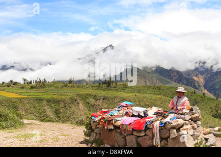 Donna indigena in piedi accanto a lei e di stallo che vendono souvenir, il Canyon del Colca, Perù Foto Stock