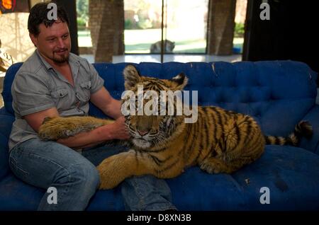 BRAKPAN, SUD AFRICA: Michael Jamison con Ozzy il 31 maggio 2013, Brakpan, Sud Africa. Jamison adottato Ozzy, in aggiunta al suo 15 cani e 2-anno-vecchio tigre del Bengala. Ozzy ha deformato gambe e piedi come un risultato di malnutrizione dai suoi precedenti proprietari. Jamison invierà Ozzy per chirurgia correttiva una volta che le sue gambe sono più forti. (Foto di Gallo Immagini / Foto24 / Christian Kotze) Foto Stock