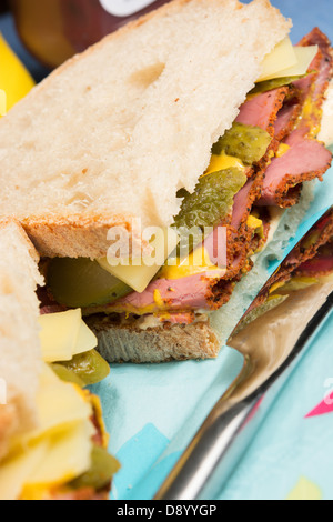 Un deli in stile di sandwich pastrami, formaggio Groviera, fette di cetriolini, la senape e il peperoncino maionese sul pane a lievitazione naturale. Foto Stock