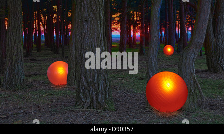 Incandescente sfere arancione da alberi in foresta, una mistica astratta concetto significativo Foto Stock