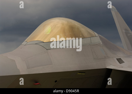 Una chiusura della US Air Force Lockheed Martin/Boeing F-22 Raptor sotto un cielo tempestoso. Questo velivolo è basato a Elmendorf , Alaska Foto Stock