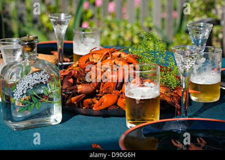 Tabella con i gamberi e birra Foto Stock