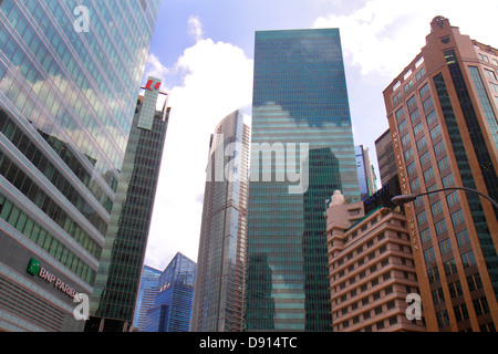 Singapore Raffles Place, centro affari, quartiere finanziario, grattacielo, edifici, centro citta', skyline, una Raffles Quay North Tower, una Finlayson Green, NTU Foto Stock