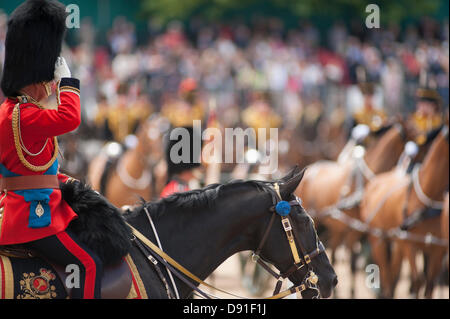 Westminster, Londra, Regno Unito. 8 Giugno 2013. Il colore del primo battaglione guardie gallese è trooped in presenza di Sua Altezza Reale il Principe di Galles, visto qui tenendo la salute. Ci sono più di 200 cavalli in parata e più di 400 musicisti provenienti da tutta la famiglia bande divisione & Corps dei tamburi. Credito: Malcolm Park/Alamy Live News Foto Stock