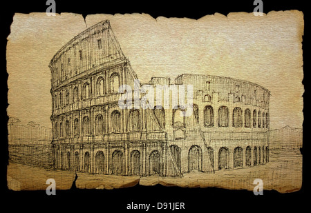 Colosseo dipinta da inchiostro su carta vecchia, isolato su nero. Foto Stock