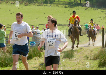 Hotel a Llanwrtyd Wells, Regno Unito. 8 Giugno 2013. Oltre 400 corridori competere contro 65 cavalli nell'uomo V Horse 23 miglio marathon, nel corso di estenuanti terreno montuoso.L'evento è stato concepito da Gordon Green al suo pub la Neuadd Arms nel 1980 su overhearing una discussione se un uomo era uguale a quella di un cavallo in funzione cross country sulla distanza. Il premio in denaro per la battitura di un cavallo è stato aumentato ogni anno da £1.000 fino a Huw Lobb ha vinto £25.000 nel 2004 battendo il primo cavallo per 2 minuti con un tempo di 2:05:19. Credito: Graham M. Lawrence/Alamy Live News. Foto Stock