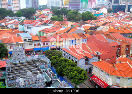 Singapore Little India, vista aerea dall'alto, Sri Veeramakaliamman Tempio, Hindu, bindi, due piani, storia, negozi, shophouse, mattonelle di argilla rossa roo Foto Stock