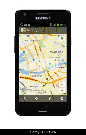 Samsung Galaxy S2 smartphone con Google map di Melbourne, Australia sul display. Foto Stock