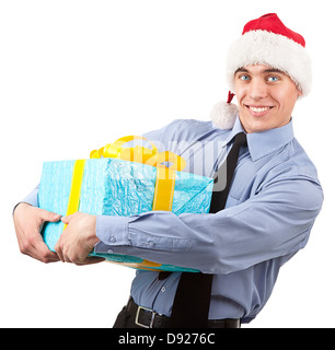 Lavoratore in una camicia blu con un regalo Foto Stock